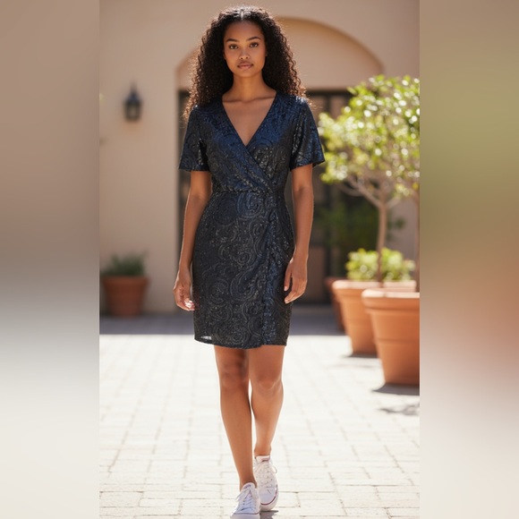 Francesca Women Sequin Dress S Blue Navy Beaded Short Sleeve Party Cocktail - Picture 3 of 12